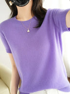 New Short-sleeved Knitwear Women O-neck T-shirt Wool Cotton Blend Pullover Vest Sprig Summer Bottoming Tops Sweater Solid Soft - Matrix Studios