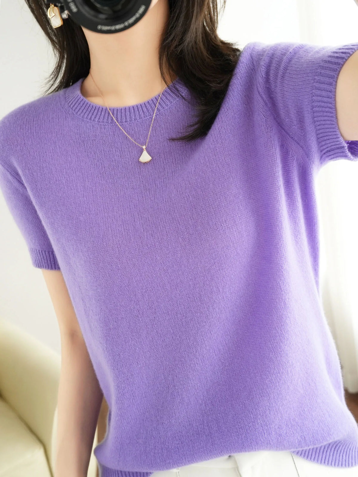 New Short-sleeved Knitwear Women O-neck T-shirt Wool Cotton Blend Pullover Vest Sprig Summer Bottoming Tops Sweater Solid Soft - Matrix Studios