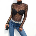 Women Mesh Net Fishnet Bodysuit Slim Long Sleeve Leotard Jumpsuit Tops Beachwear Beading Prespective Mesh Fishnet Cover Up - Matrix Studios