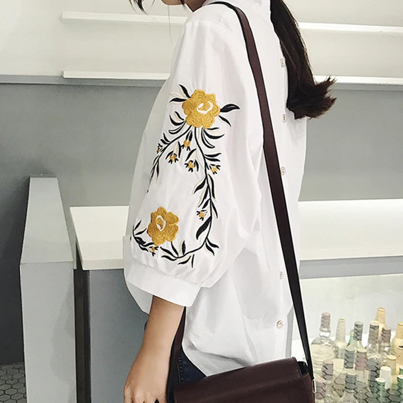 Women Embroidery Floral Casual Striped White Blouses and Shirts Female Three Quarter Sleeve Loose Tops Fashion V-Neck Blusas - Matrix-studios.com