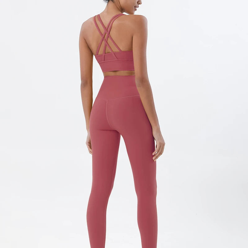 SOISOU Nylon Yoga Set Women's Tracksuit Gym Fitness Set Woman 2 Pieces Leggings Sports Bra Breathable Sportwear Woman Clothes - Matrix-studios.com