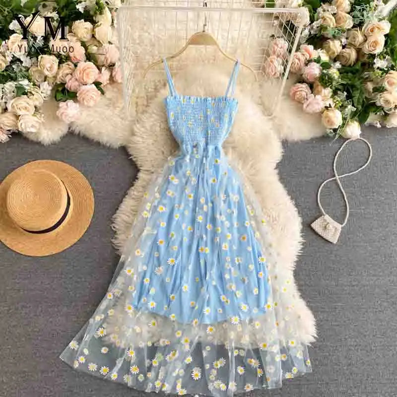 YuooMuoo Korean Fashion Daisy Flower Print Mesh Party Dress Summer Two Layers Spaghetti Strap Vacation Midi Dress Beach Vestidos - Matrix-studios.com