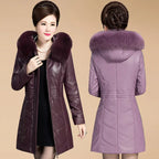 Middle aged Women's Leather Jacket Winter New Thicken Warm Slim Big Fur Collar Mid-length Leather Coat Female Outerwear 6XL - Matrix Studios
