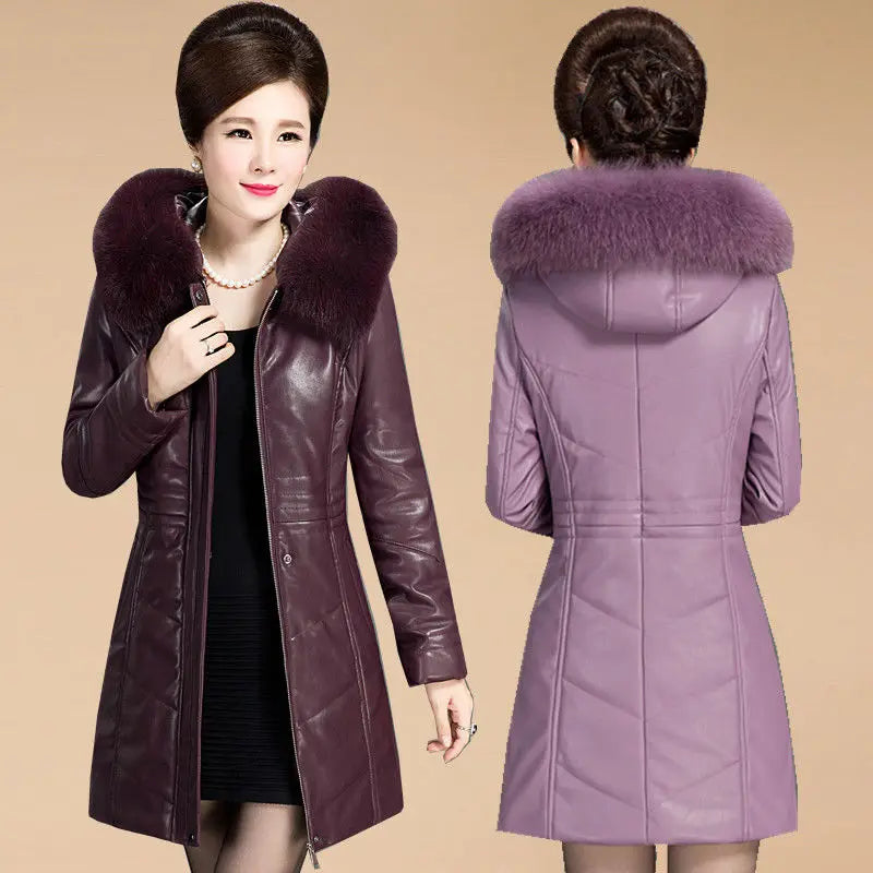 Middle aged Women's Leather Jacket Winter New Thicken Warm Slim Big Fur Collar Mid-length Leather Coat Female Outerwear 6XL - Matrix Studios