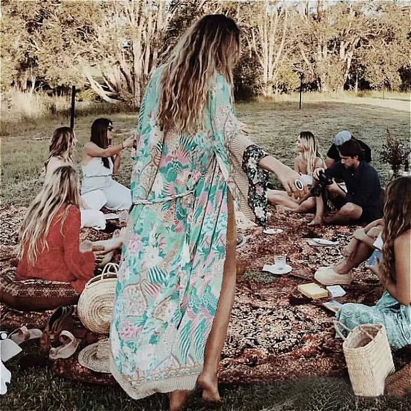 TEELYNN Chiffon Floral Print Kimono Robe Long Sleeve beach boho Cover up women Blouse Vintage summer Cardigan Tops Blusas shirts - Matrix Studios