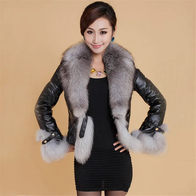 New Winter Leather Jacket Women Coat Faux Fox Fur Collar Short Coat PU Leather Female Jacket Elegant Motorcycle Zipper Outerwear - Matrix Studios