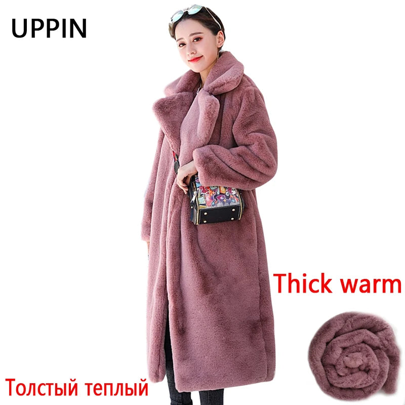 Winter Women High Quality Faux Rabbit Fur Coat Luxury Long Fur Coat Loose Lapel OverCoat Thick Warm Plus Size Female Plush Coats - Matrix Studios