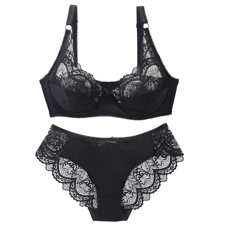 Sexy Lace Plus Size Female Lingerie Transparent Thin Thick BCDE Cup Bra Sets Breathable Women Underwear Panties Briefs - Matrix-studios.com