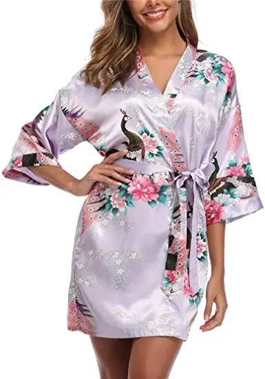 Satin Silk Women Wedding Bridemaid Robe Sexy Crane Print Bathrobe Short Long Kimono Night Gown Robe Fashion Dressing Gown Female - Matrix-studios.com