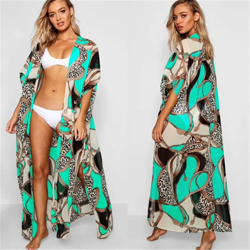 TEELYNN Chiffon Floral Print Kimono Robe Long Sleeve beach boho Cover up women Blouse Vintage summer Cardigan Tops Blusas shirts - Matrix Studios
