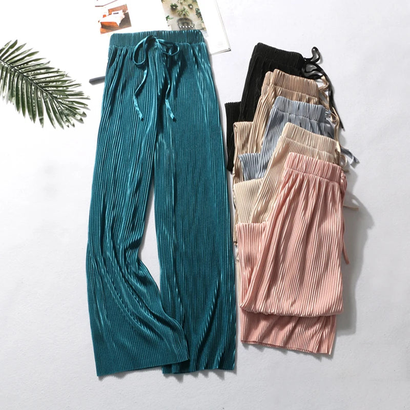 2025 Women's Pleated Loose Ice Silk Korean Casual Cropped Pants Wide Leg Trouse Home Classic Sports Wear Girls Clothes Black Top - Matrix-studios.com
