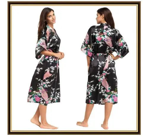 Half Sleeve Loose Style Woman Japanese Kimono Satin Silk Sleepwear Pajamas Peacock Spa Yukata Bathing Robe Lady's Long Dress - Matrix-studios.com