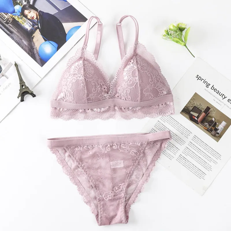 Women Lace Bra And Briefs Set Backless Bralette Solid Color Underwear Wireless Lace Bra Top Sexy Lingerie Set Female Intimates - Matrix-studios.com