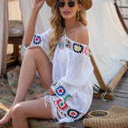 CROCHET BIKINI White Bikini Cover Up With Fringe Trim Women Sexy Hollow Tunic Beach Dress Summer Bathing Suit Beachwear - Matrix Studios