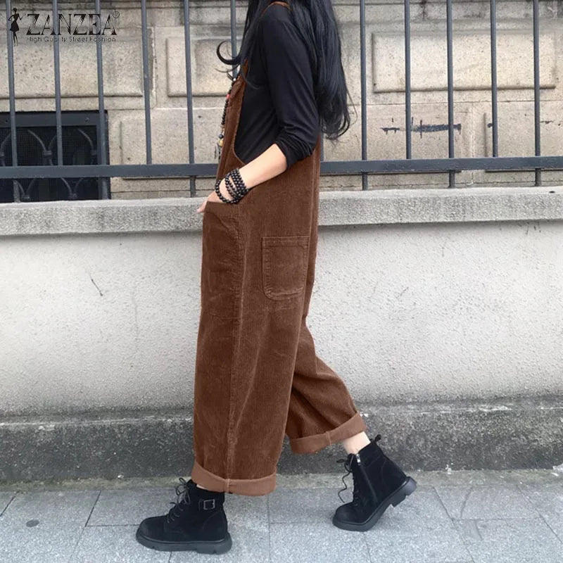 Corduroy Overalls Women's Summer Bib Jumpsuits ZANZEA 2026 Casual Suspender Harem Pants Female Solid Rompers Femme Oversize - Matrix Studios