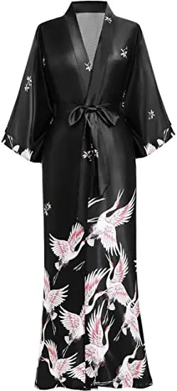 Print Crane Lady Kimono Bathrobe Gown Women Wedding Robe Loose Soft Satin Nightgown Sleepwear V-neck Long Novelty Nightwear - Matrix-studios.com