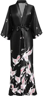 Print Crane Lady Kimono Bathrobe Gown Women Wedding Robe Loose Soft Satin Nightgown Sleepwear V-neck Long Novelty Nightwear - Matrix-studios.com