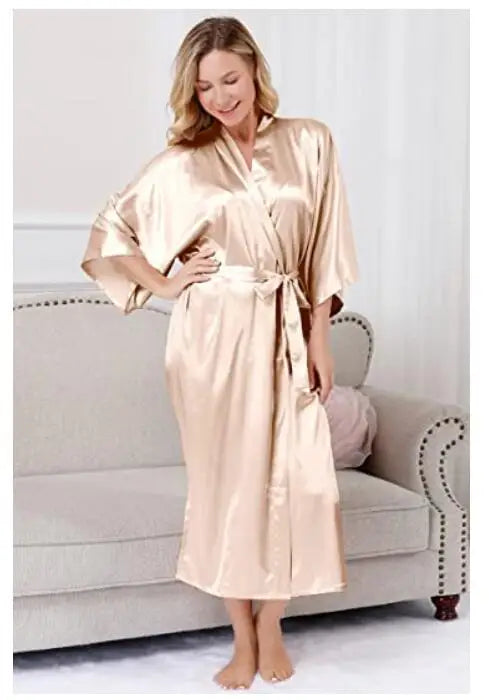 Plus Size S-XXXL Rayon Bathrobe Womens Kimono Satin Long Robe Sexy Lingerie Classic Nightgown Sleepwear with Belt - Matrix-studios.com