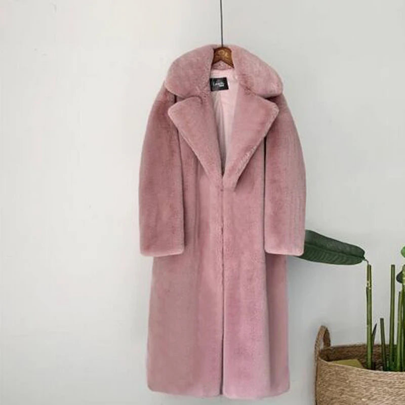 Winter Women High Quality Faux Rabbit Fur Coat Luxury Long Fur Coat Loose Lapel OverCoat Thick Warm Plus Size Female Plush Coats - Matrix Studios