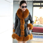 New Fashion Womens Big Faux Fur Coats Fur Collar Leather Mid Long Parkas Winter Female Warm Fur Outwear Beige Coats Clothes - Matrix Studios