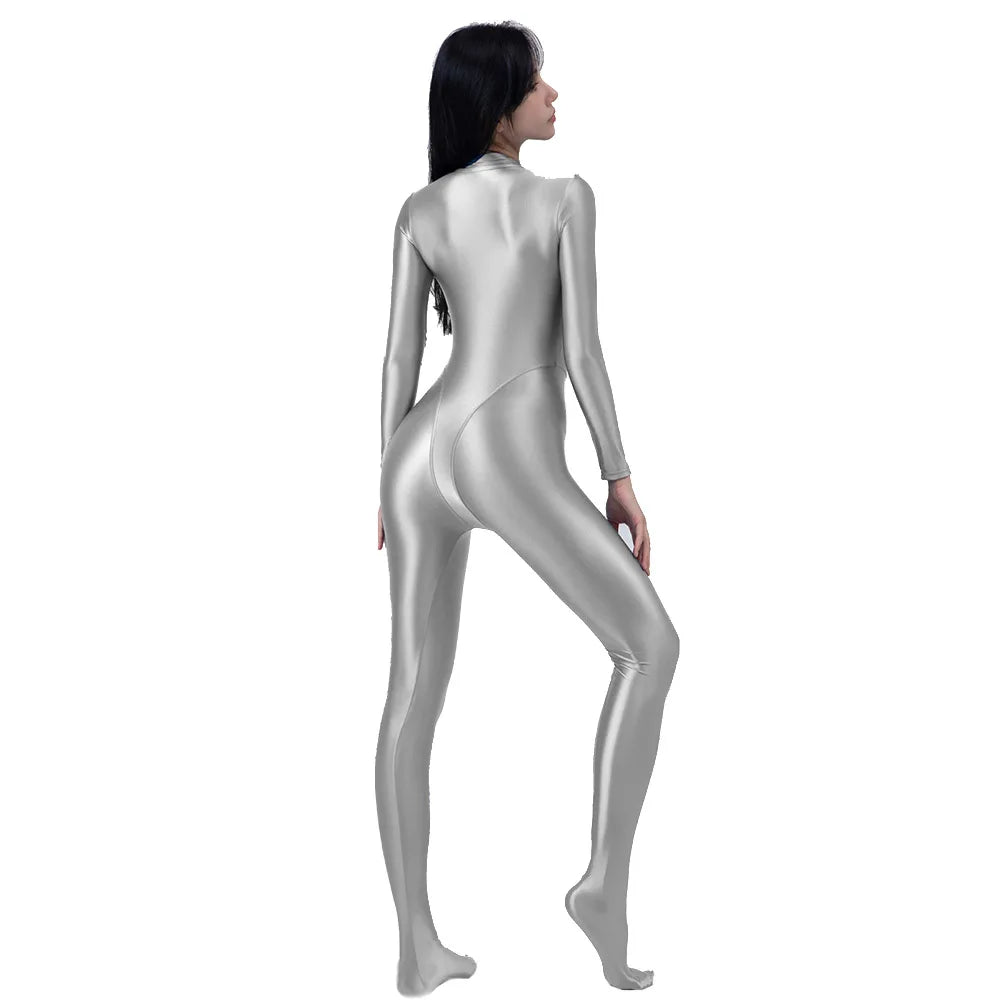 AMORESY Women's Shiny Oil Tights Full-Length Catsuit Front Zipper Yoga Zentai Playsuit Sexy Smooth Casual Jumpsuit - Matrix Studios