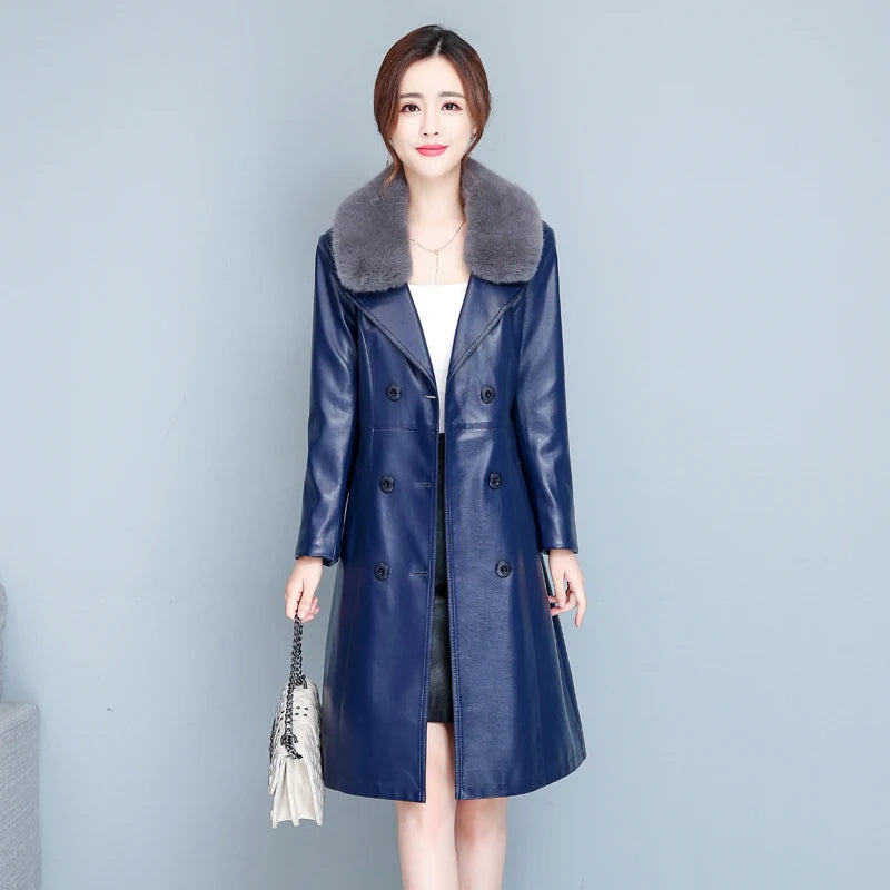 M-7XL Woman Sheepskin OverCoat Spring Autumn Winter 2026 Fashion Fur Collar Warm Thick Slim Long Sheep Leather Coat Female - Matrix Studios