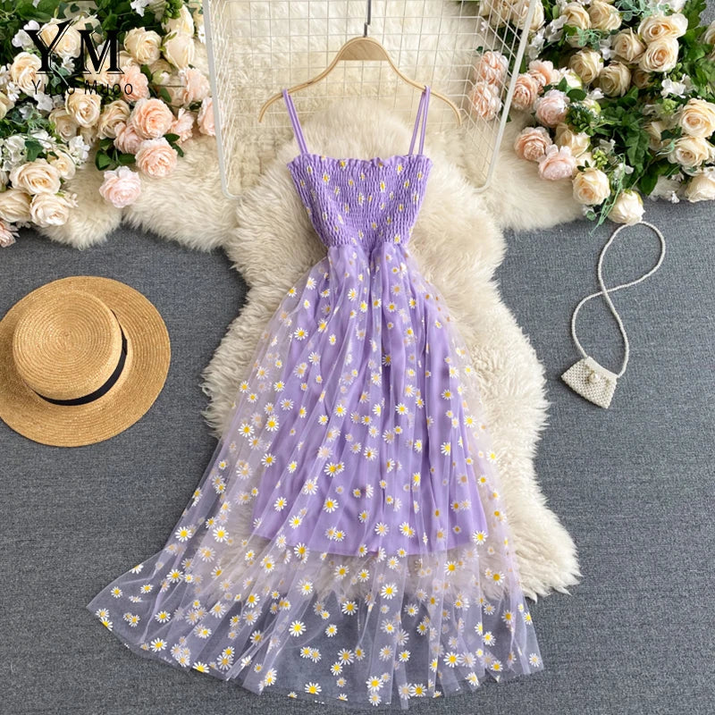 YuooMuoo Korean Fashion Daisy Flower Print Mesh Party Dress Summer Two Layers Spaghetti Strap Vacation Midi Dress Beach Vestidos - Matrix-studios.com