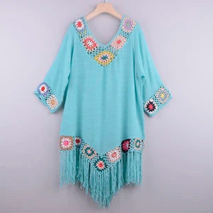 CROCHET BIKINI White Bikini Cover Up With Fringe Trim Women Sexy Hollow Tunic Beach Dress Summer Bathing Suit Beachwear - Matrix Studios
