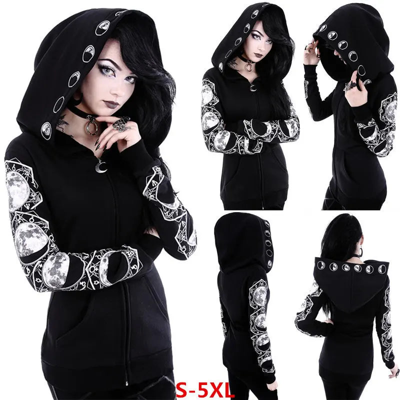 Fashion Trend Women's Punk Black Hoodie Moon Print Long-sleeved Sweater - Matrix Studios