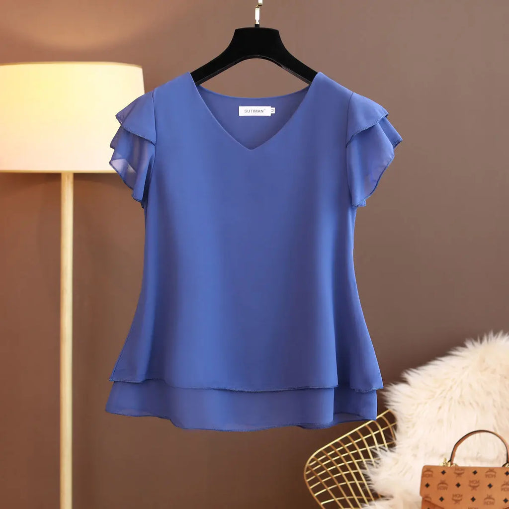 2026 New Summer Women Blouse Loose V-Neck Chiffon Shirt Female Short Sleeve Blouse Oversized Shirts womens tops and blouses Top - Matrix-studios.com