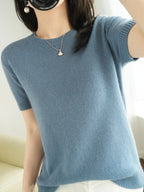New Short-sleeved Knitwear Women O-neck T-shirt Wool Cotton Blend Pullover Vest Sprig Summer Bottoming Tops Sweater Solid Soft - Matrix Studios