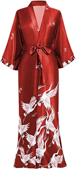 Print Crane Lady Kimono Bathrobe Gown Women Wedding Robe Loose Soft Satin Nightgown Sleepwear V-neck Long Novelty Nightwear - Matrix-studios.com
