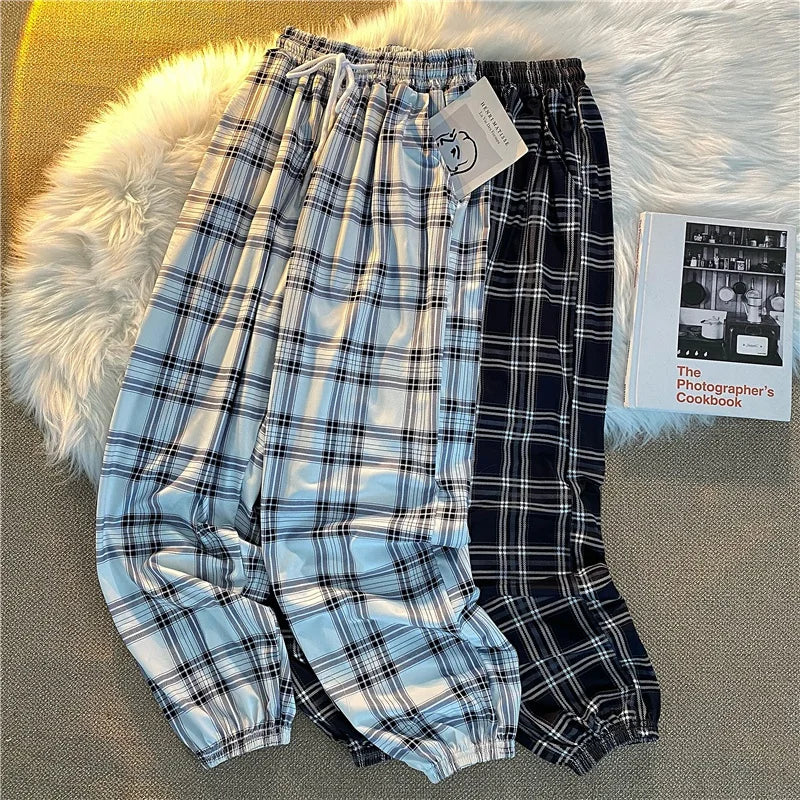 Pants Women New Bunch of feet Fashion Loose Black Plaid Summer Harajuku Students Streetwear Harem Long Trousers Womens Chic - Matrix-studios.com