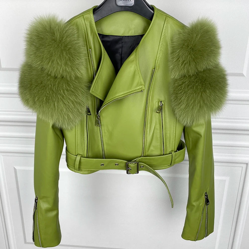 GO BALLISTIC YA Ladies' Genuine Leather Jacket with Fur Sleeve Women's Natural Lambskin Outfit - Matrix Studios