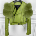 GO BALLISTIC YA Ladies' Genuine Leather Jacket with Fur Sleeve Women's Natural Lambskin Outfit - Matrix Studios