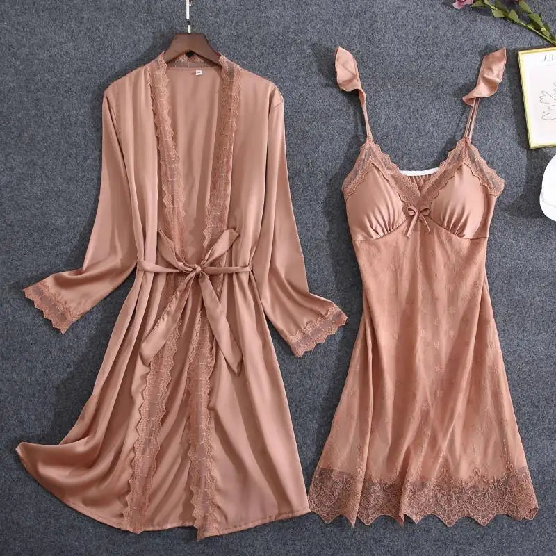 White Lace Bride Bridesmaid Wedding Robe Set Women Summer Sleepwear Kimono Bathrobe Gown Loose Casual Sleep Suit Sexy Home Dress - Matrix-studios.com