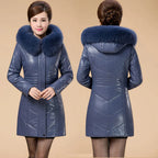 Middle aged Women's Leather Jacket Winter New Thicken Warm Slim Big Fur Collar Mid-length Leather Coat Female Outerwear 6XL - Matrix Studios