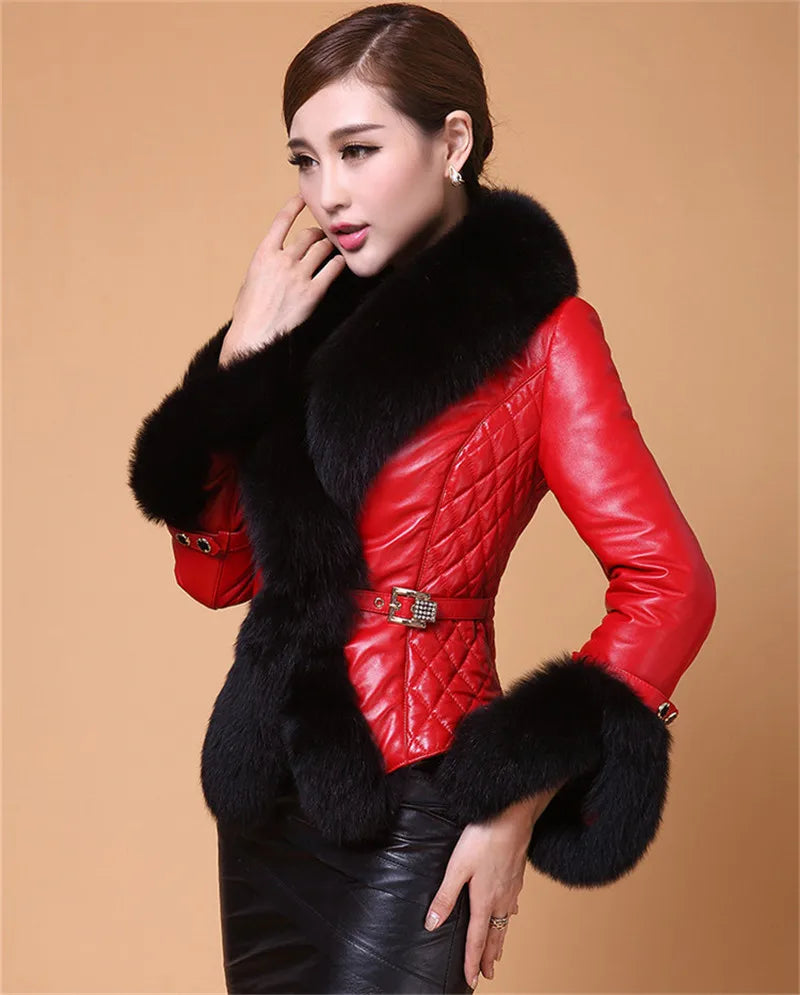 New Winter Leather Jacket Women Coat Faux Fox Fur Collar Short Coat PU Leather Female Jacket Elegant Motorcycle Zipper Outerwear - Matrix Studios