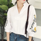 Women Embroidery Floral Casual Striped White Blouses and Shirts Female Three Quarter Sleeve Loose Tops Fashion V-Neck Blusas - Matrix-studios.com