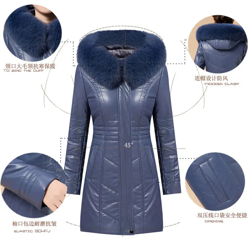 Middle aged Women's Leather Jacket Winter New Thicken Warm Slim Big Fur Collar Mid-length Leather Coat Female Outerwear 6XL - Matrix Studios
