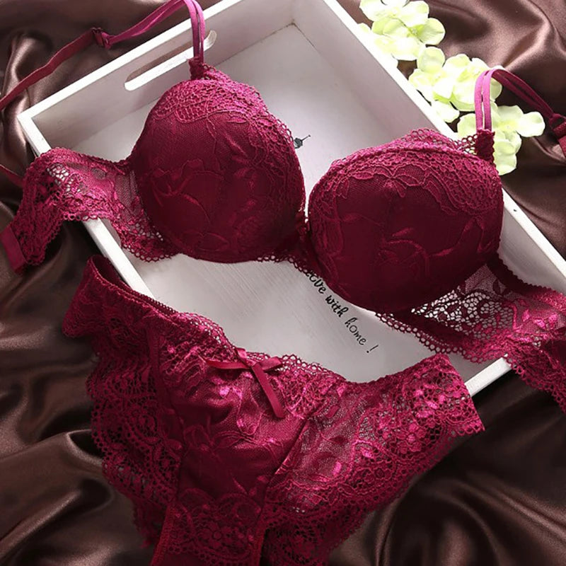 European Style Sexy Bra Set Women Cotton Underwear Sexy Lace Panties Female Push Up Brassiere Fashion Solid Color Lingerie Set - Matrix-studios.com