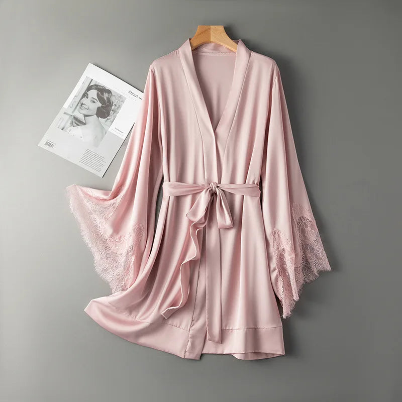 Sexy Robe With Lace Satin Women Nightgown Kimono Bathrobe Gown Pink Nightdress Bride Bridesmaid Wedding Gown Home Clothes - Matrix-studios.com
