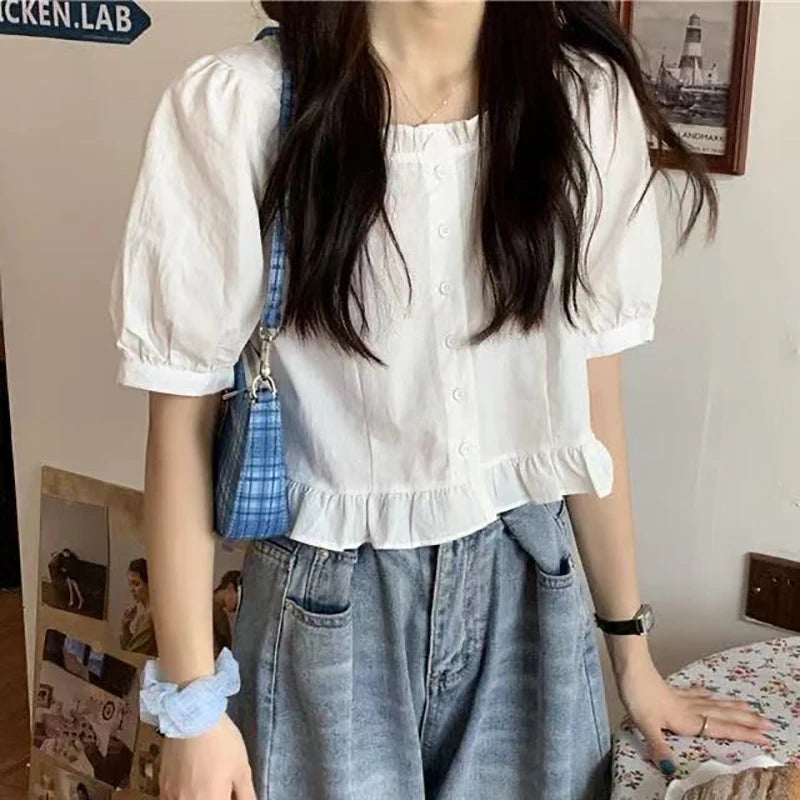 Korean Summer Ruffle Elegant Chiffon Cool Blouse Women Youthful Cute Cropped Tops Chic Short sleeve Feminine Shirt - Matrix-studios.com