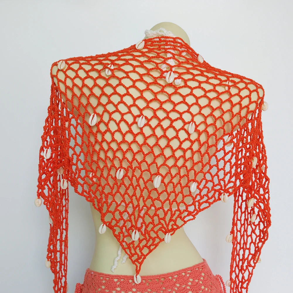 Women Triangle Shawl With Seashell Sexy Bikini Cover Up Sunscreen Nets Skirt Mesh Tunic Pareo Beachwear - Matrix Studios