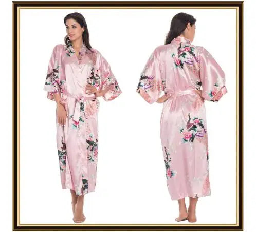 Half Sleeve Loose Style Woman Japanese Kimono Satin Silk Sleepwear Pajamas Peacock Spa Yukata Bathing Robe Lady's Long Dress - Matrix-studios.com