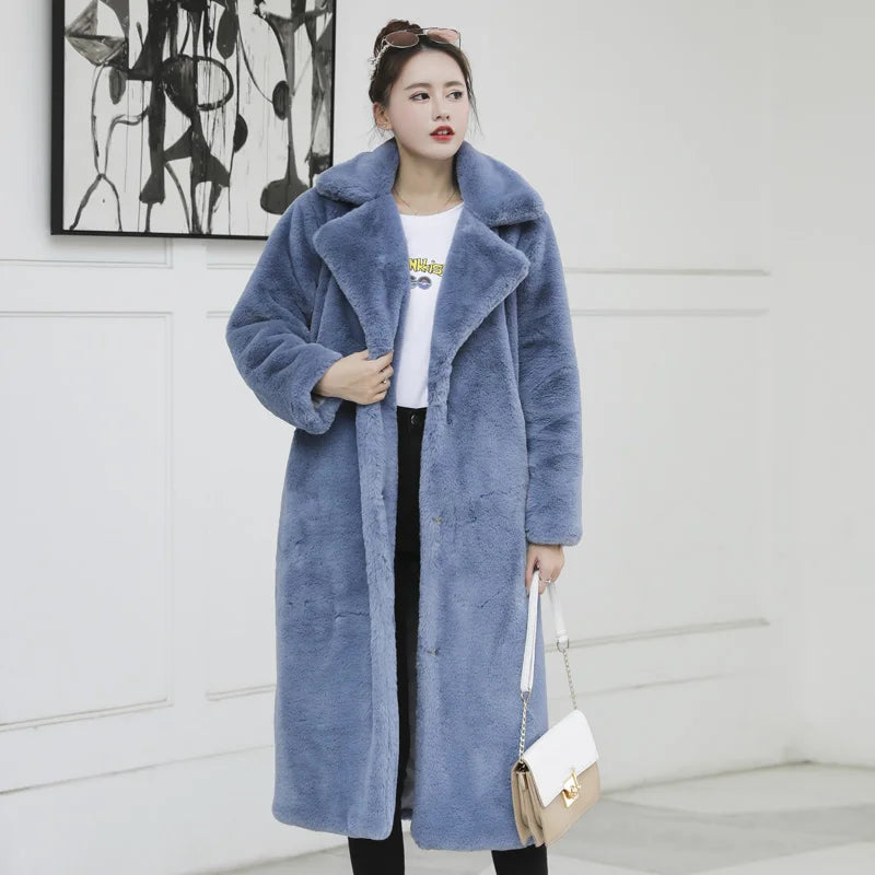 Winter Women High Quality Faux Rabbit Fur Coat Luxury Long Fur Coat Loose Lapel OverCoat Thick Warm Plus Size Female Plush Coats - Matrix Studios