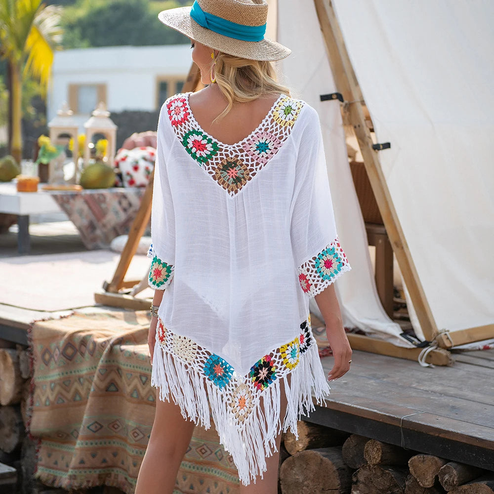 CROCHET BIKINI White Bikini Cover Up With Fringe Trim Women Sexy Hollow Tunic Beach Dress Summer Bathing Suit Beachwear - Matrix Studios