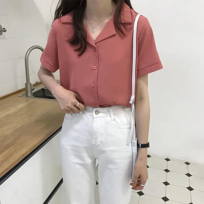 Women Summer Chiffon Blouse Elegant Short Sleeve V Neck Loose Shirt Casual Solid Korean Chic Simple Tops Female Tunic Blusas - Matrix-studios.com