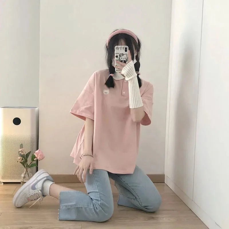 Bear Embroidery Preppy Style Polo Shirts Female T Shirt Short Sleeve Summer Women Tshirt Cotton Cute Tee Loose Oversized Teens - Matrix-studios.com