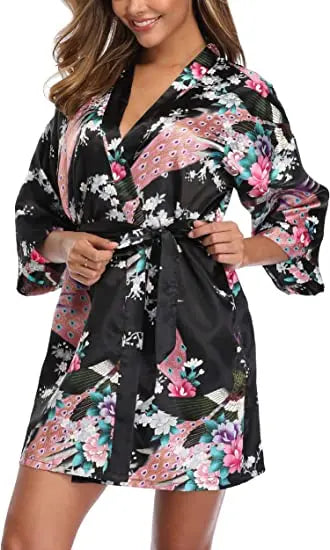 Satin Silk Women Wedding Bridemaid Robe Sexy Crane Print Bathrobe Short Long Kimono Night Gown Robe Fashion Dressing Gown Female - Matrix-studios.com